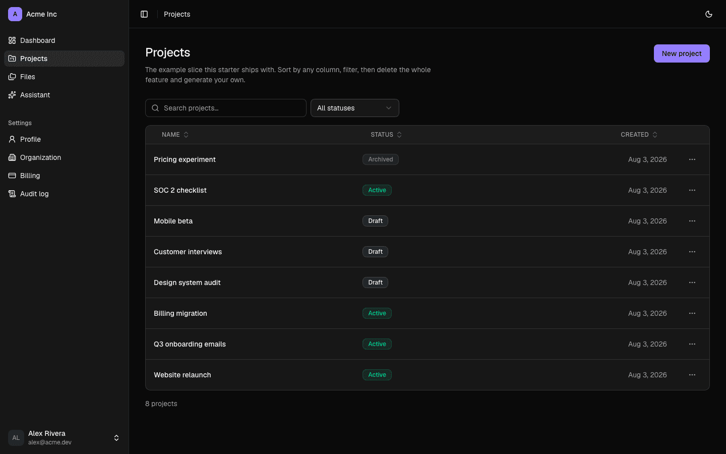 The same scaffolded dashboard in dark mode