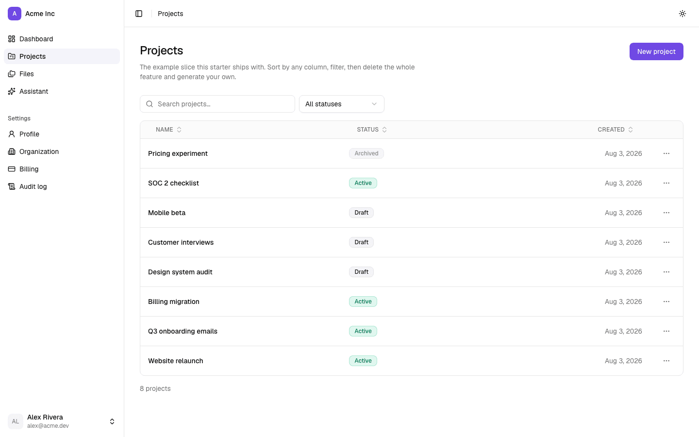 A scaffolded dashboard: sidebar navigation, and a projects table with search, a status filter, sortable columns and per-row actions